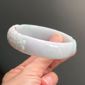 62.9mm Jade Bangle Carved Phoenix White & Bright Green Grade A Jadeite Burmese Jade image 7