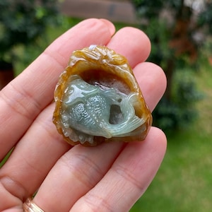 Fish Jade Pendant Grade A Jadeite Fish & Lotus Leaf, Lotus Flower Honey BiColor Burmese Jade