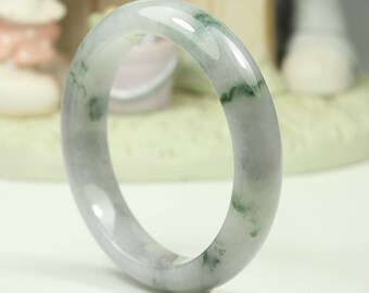 60.06mm Jade Bangle White Grey Blueish Green Flower Pattern Grade A Jadeite MB5LLW (Jade birmano)