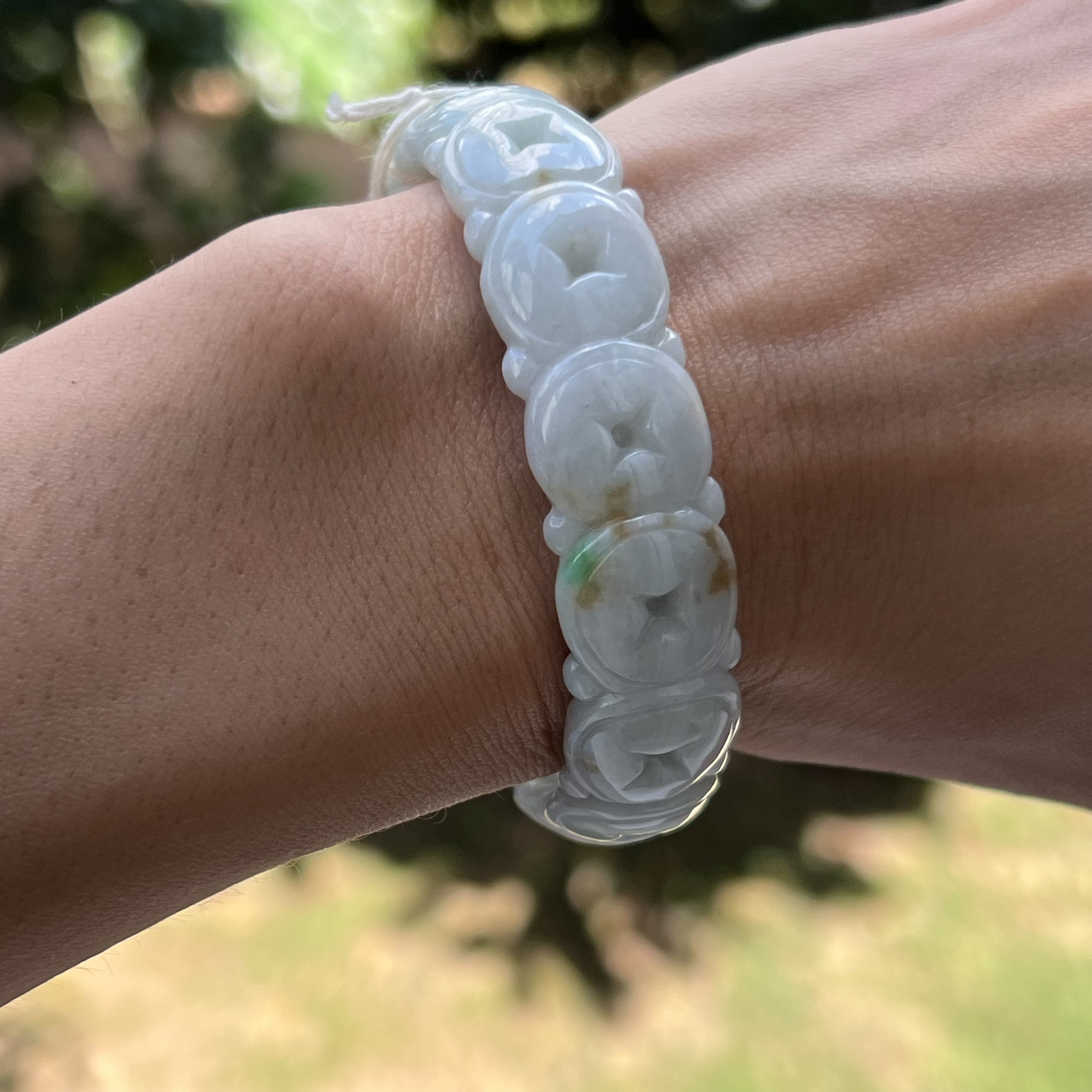 Oval 56.3mm Carved Jade Bangle Tricolor With Apple Green