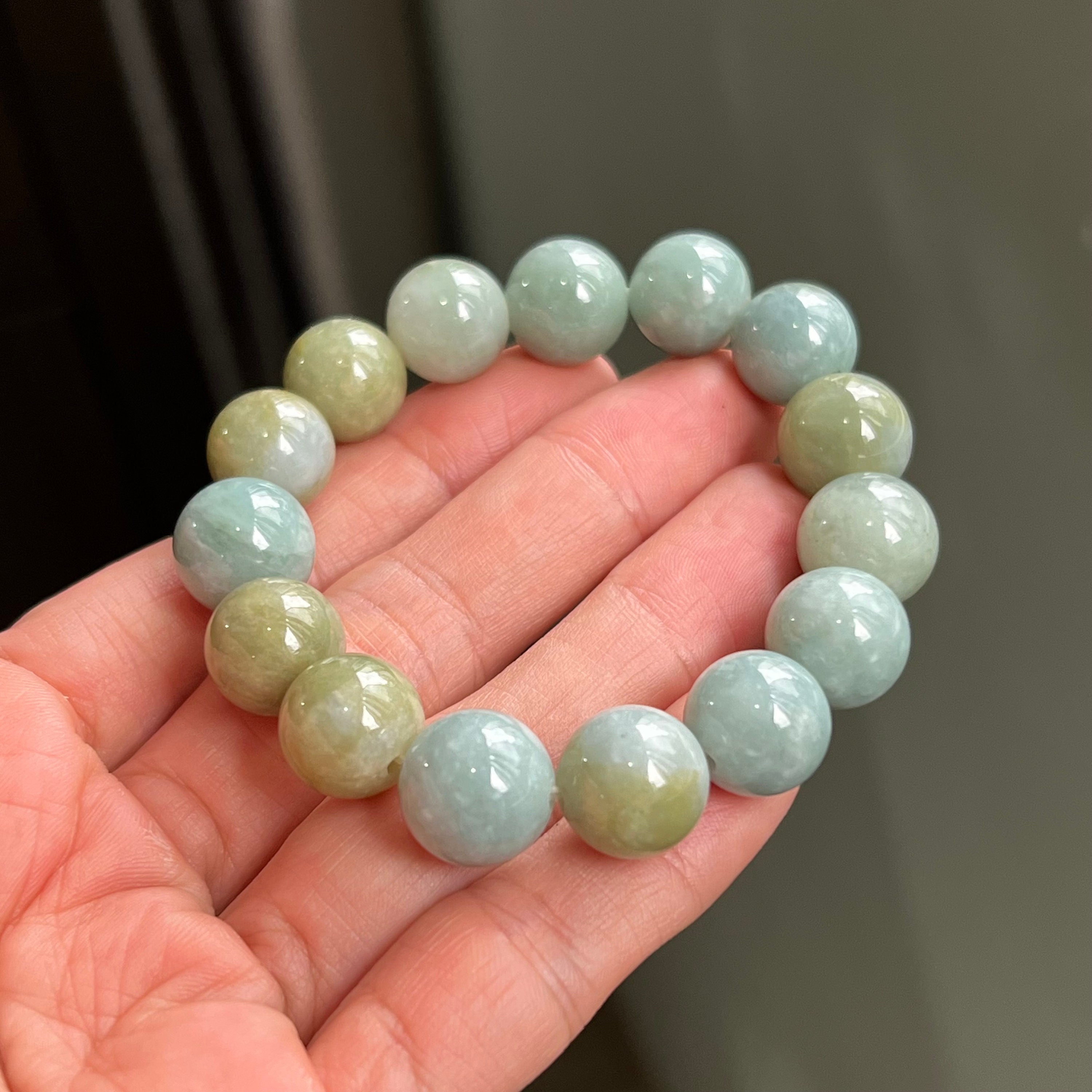 Natural Jadeite Jade Round Blue Green Large Beads Men's Bracelet (14mm –  Baikalla
