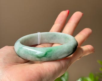 Jadeite Jade Bangle Bracelet -  Vivid Green TriColor  59.2mm  (Grade-A Jade)