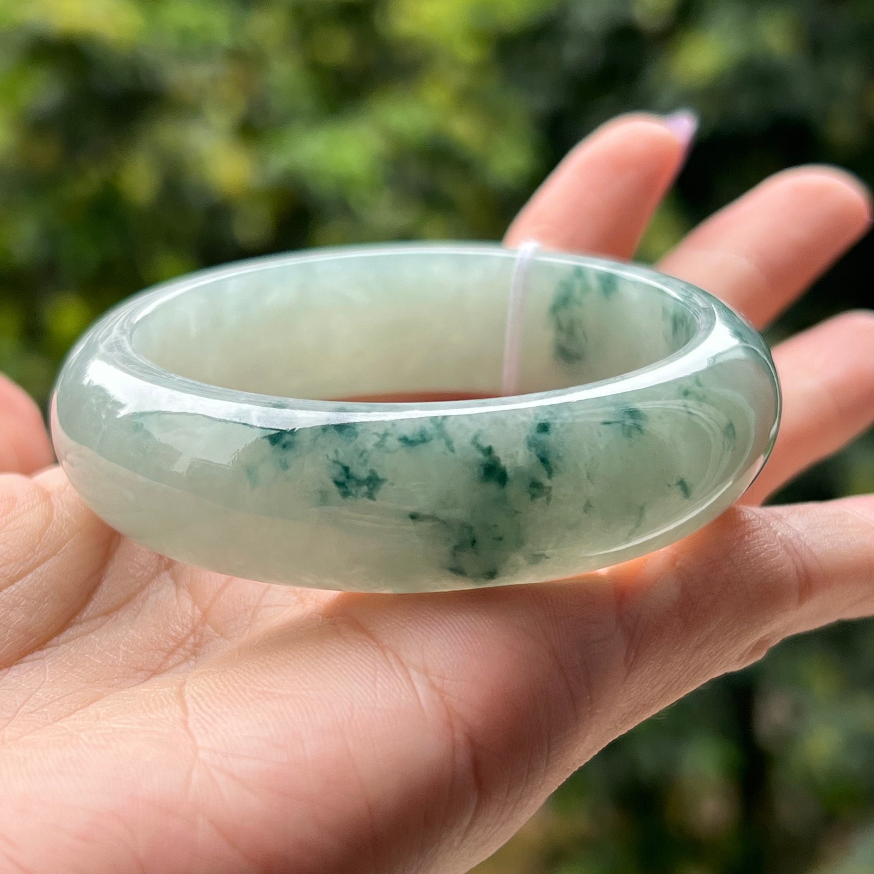 52.8mm Jade Bangle Translucent Floral Pattern Bluish Green Grade A 