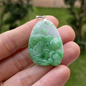 Green Jade Pendant Grade A Jadeite Frog, Lotus Leaf, Lotus Flowers Burmese Jade