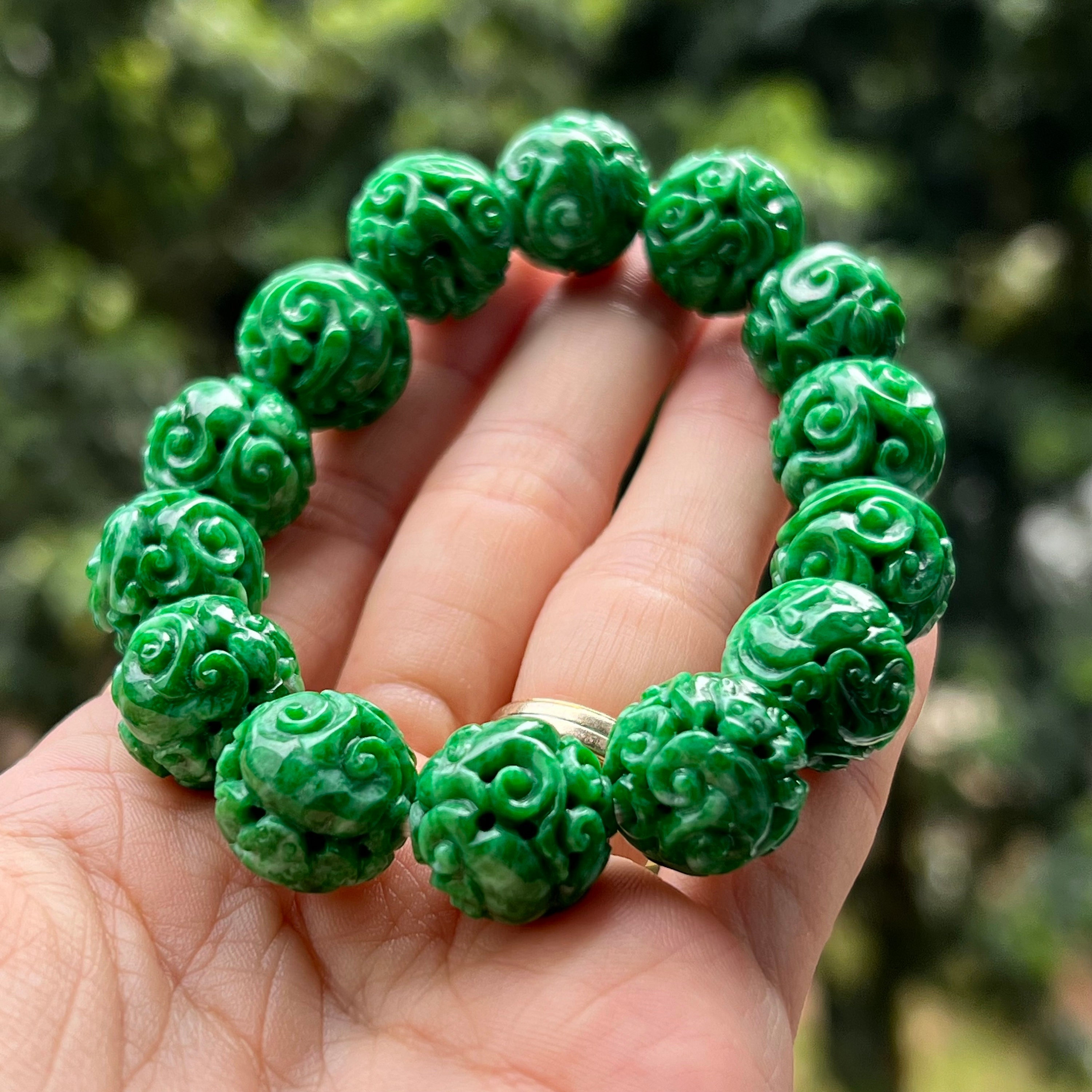 RARE Green Jade Bead Bracelet BIG Carved Bright Green Beads Grade A Jadeite  (Burmese Jade)