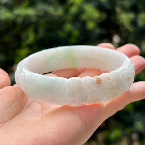 62.9mm Jade Bangle Carved Phoenix White & Bright Green Grade A Jadeite Burmese Jade image 2