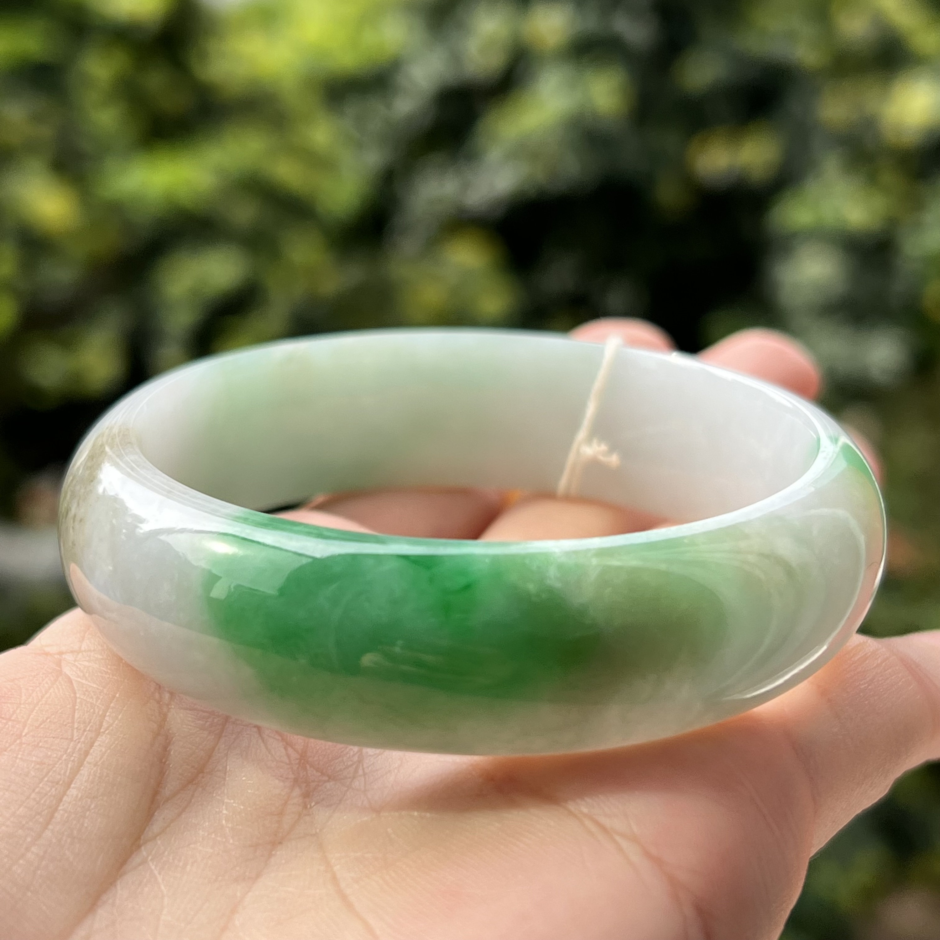 59mm Jade Bangle Vivid Green Faint Lavender Grey Earthy Inclusions