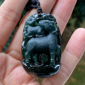 Certified Natural Omphacite Jadeite [墨翠] Jade Grade A - Goat & Ruyi Pendant
