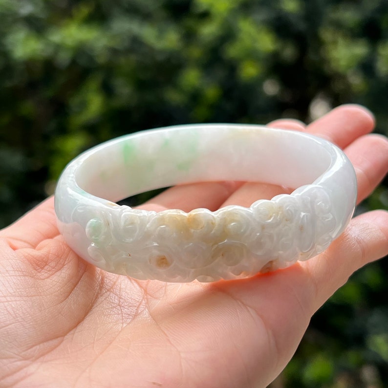 62.9mm Jade Bangle Carved Phoenix White & Bright Green Grade A Jadeite Burmese Jade image 5