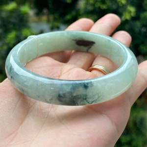 57.28mm Jade Bangle Translucent Black Faint Green Grade A Jadeite Flower Pattern MB89KL18