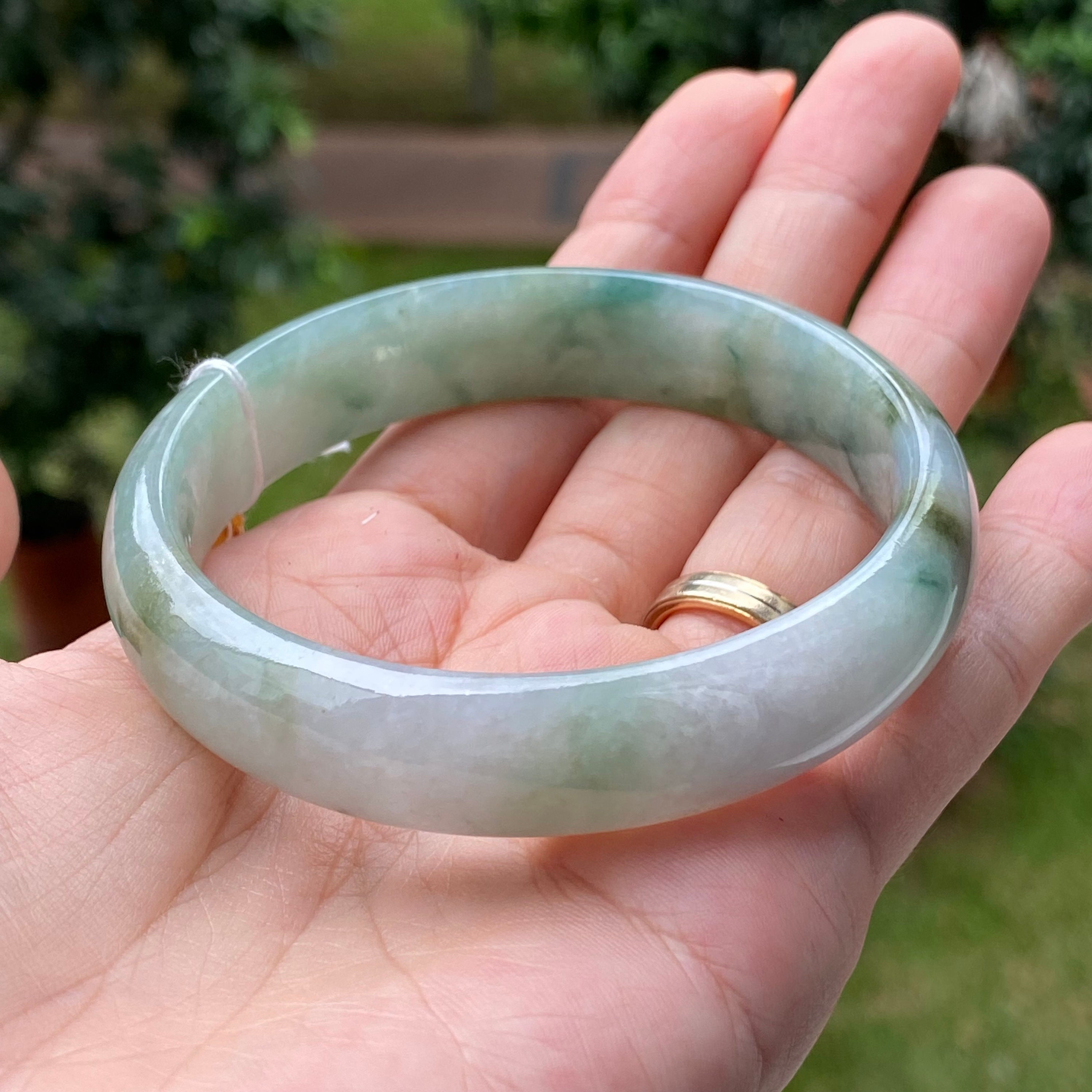 58.81 mm 翡翠バングル 青緑色 花柄 トリコロール グレード A 翡翠 