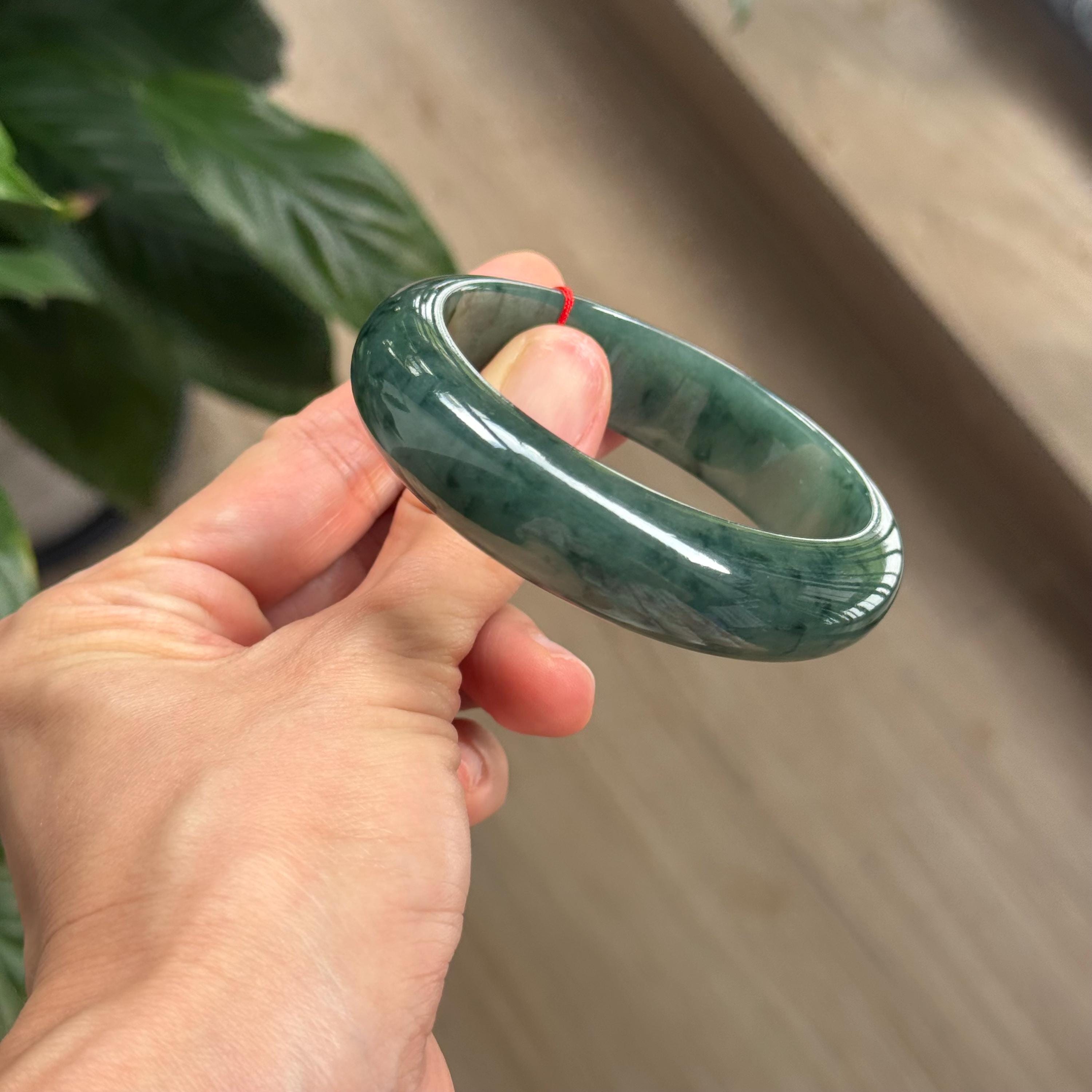 56.97 mm 翡翠バングル 深青緑色 花柄 グレードA フェイ・クイ（ビルマ