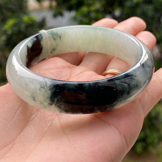 57.22 mm 翡翠バングル 半透明 ブラック バイカラー グレード A 翡翠