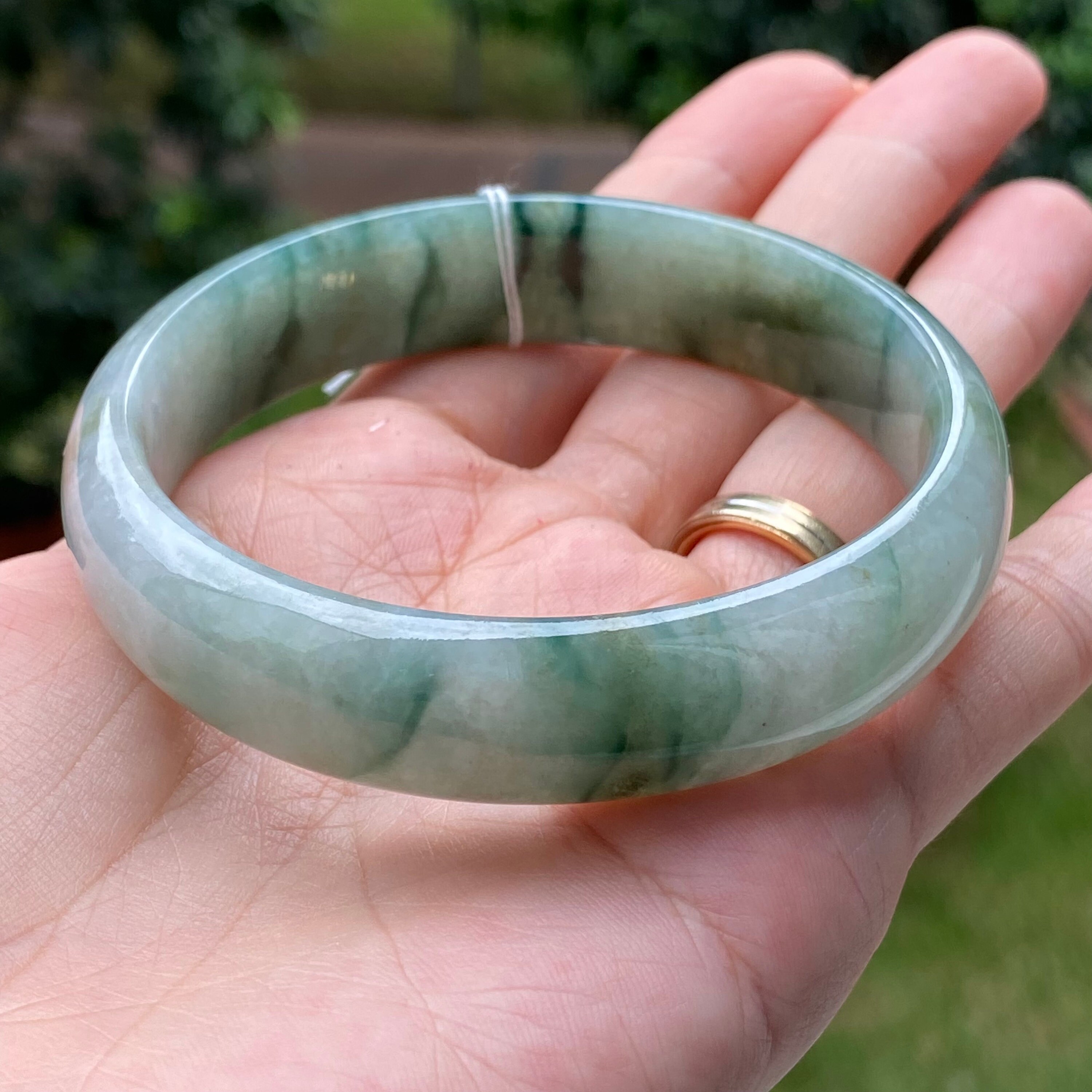 59 mm 翡翠バングル 青緑色 花柄 グレード A 翡翠 ビルマ / ミャンマー