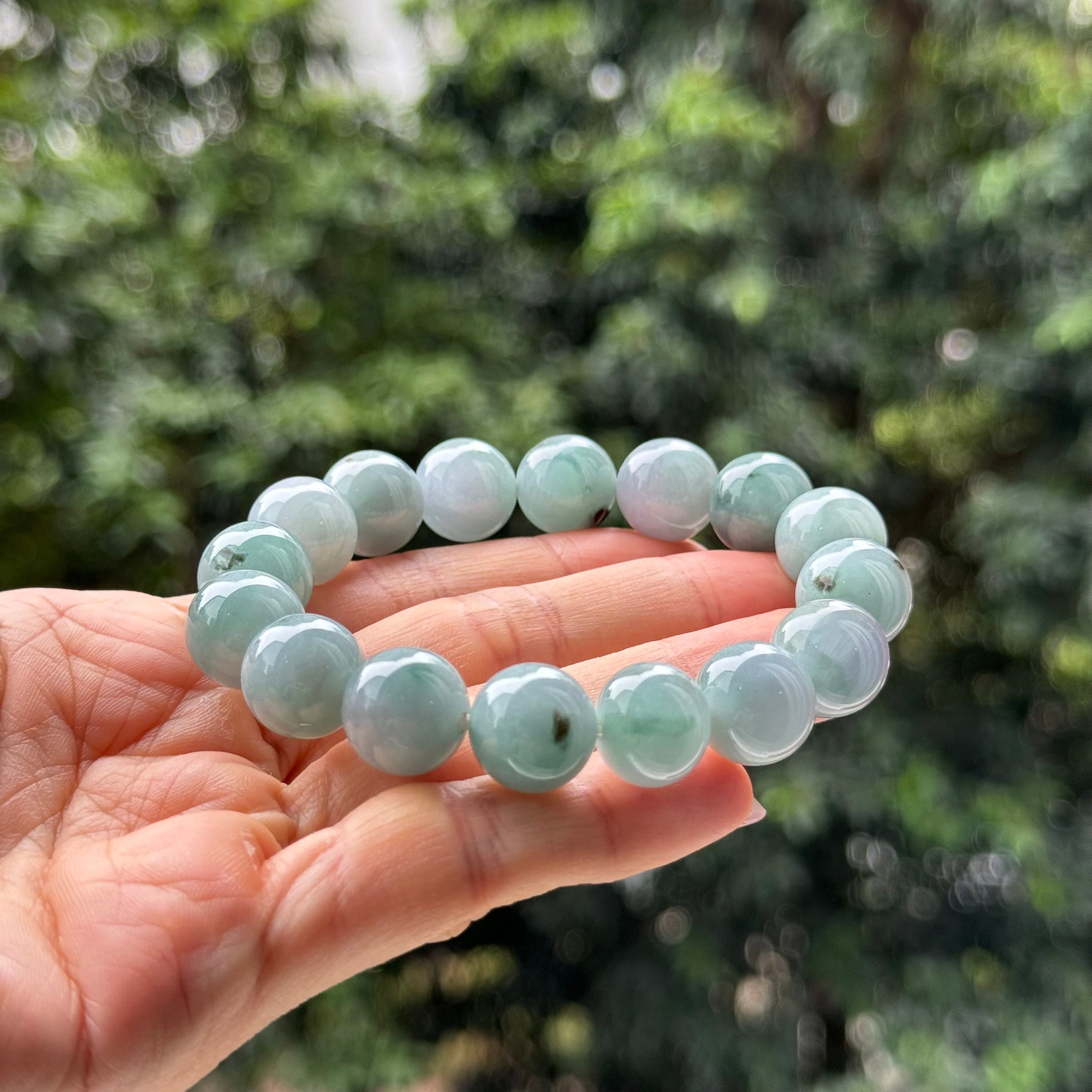 Agathe Creation Bracciale In Giada Naturale - Perline 13,5 Mm - Portafortuna Fatto A Mano - Taglia Regolabile