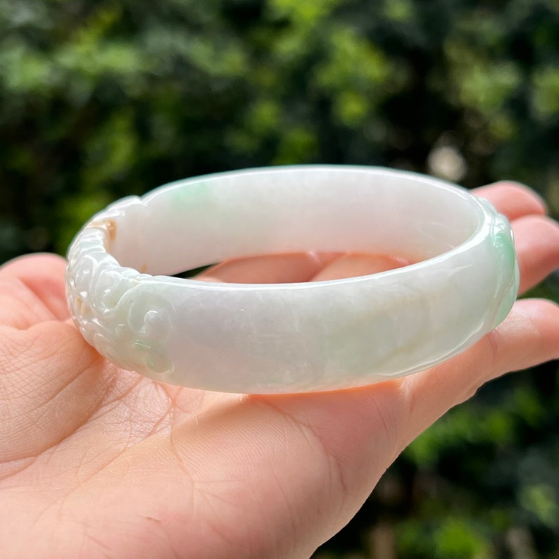 62.9mm Jade Bangle Carved Phoenix White & Bright Green Grade A Jadeite Burmese Jade image 3