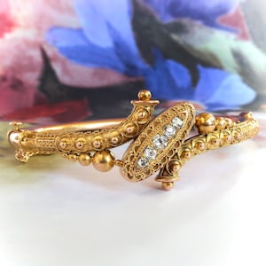 Antique Victorian Diamond Bracelet: 14k Yellow Gold Hinged Cuff