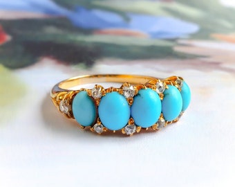 Antique Victorian Five Stone Turquoise Band Old Mine Cut Diamond Ring 20k Gold