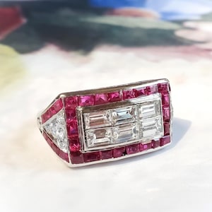 Art Deco 3.14ct t.w. Baguette Diamond & Natural Ruby Cocktail Statement Ring Platinum
