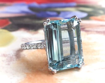 SOLD---Installment 4of6 Due 8/22---Estate 5.77ct t.w. Emerald Cut Aquamarine Diamond Ring Cocktail Statement Ring Platinum
