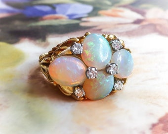Vintage 1970’s 8.10ct t.w. Opal Diamond Ring  Cocktail Dome Bombe’ Birthstone Ring 18k Yellow Gold