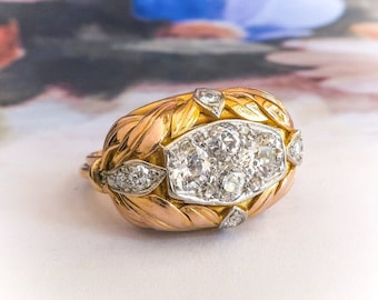 Retro Diamond Cluster Leaf Tricolor Gold Cocktail Statement Bombe Ring 14K