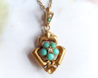 Antique Turquoise Diamond Pearl Locket Victorian 1870's Old Mine Cut Diamond Floral Motif Pendant Necklace Mourning Jewelry 18k Yellow Gold