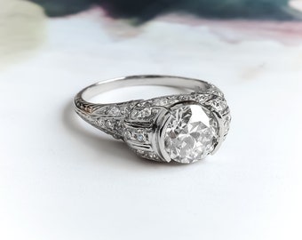 Art Deco 1.53ctw Old European Cut Diamond Vintage Engagement Ring Platinum
