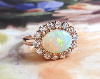 Victorian Style 2.02ct t.w. Australian Crystal Opal & Old European Cut Diamond Halo Ring 18k Rose Gold