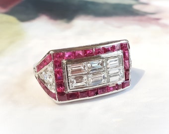 Art Deco 3.14ct t.w. Baguette Diamond & Natural Ruby Cocktail Statement Ring Platinum