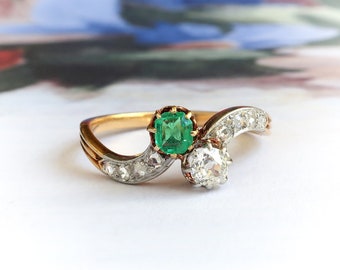 Antique Edwardian Emerald Old Cut Diamond Toi et Moi Bypass Ring 18k Platinum