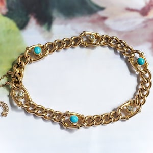 Vintage Turquoise and Diamond Link Bracelet 15k Yellow Gold Fits 7 Inch Wrist image 1