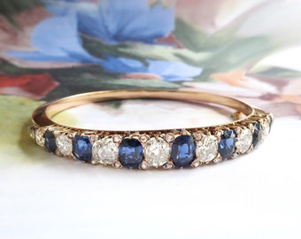 Antique Victorian 12.38 ct t.w. Natural Sapphire Old Mine Cut Diamond Hinged Cuff Bracelet 14k Yellow Gold