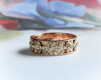 Estate Diamond Floral Eternity Band Rose and Yellow 14k Gold Sz 6