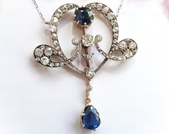 Antique Art Nouveau 6.73 ct. tw. Sapphire and Diamond Statement Necklace Silver 18k with Seed Pearl Platinum Chain
