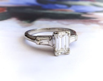 Vintage 1960s .89ct t.w. Emerald Cut & Tapered Baguette Diamond Engagement Ring Platinum