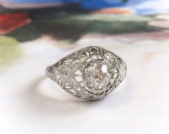 Antique Edwardian .50ct. Diamond Filigree Engagement Ring Platinum