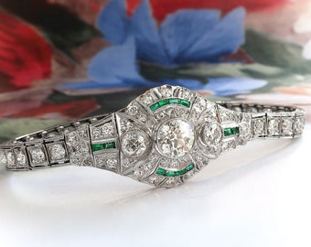 Vintage Art Deco 6.93ct.tw. Old European Cut Diamond Emerald Platinum Bracelet 6.5"