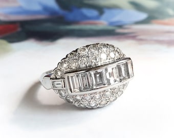 Retro 1940’s Vintage 2.41ct t.w. Baguette Pavé Diamond Dome Cocktail Ring Platinum