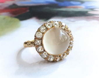 Estate Victorian Style 6.66ct. tw. Moonstone & Old Mine Cut Diamond Halo Ring 18K Yellow Gold