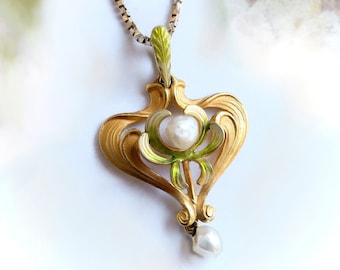 Antique Krementz Art Nouveau Pearl and Enamel Heart Pendant and Chain 14K