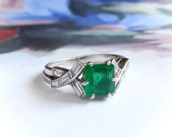 Midcentury 1.25ct.tw. Square Cut Emerald and Diamond Ring Platinum