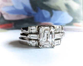 Estate Natural and Lab Created Diamond Engagement Ring With Two Stacking Diamond Bands Platinum