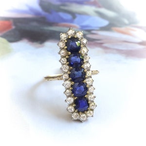 Antique Edwardian Sapphire Diamond Navette Ring, 18K Gold Platinum