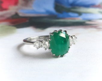 Vintage 1960’s Cushion Cut Emerald and Diamond Cocktail Ring 18K White Gold