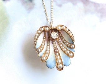Antique Art Nouveau .24 ct. Old European Cut Diamond Seed Pearl And Enamel Shell Pendant Pin
