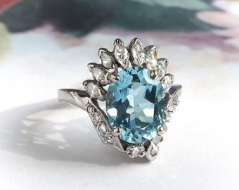 Mid-Century 3.02 ct. tw. Aquamarine and Mixed Diamond Cocktail Ring 14K