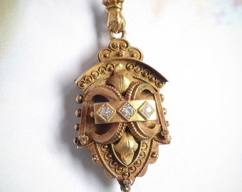 Antique Victorian Cannetille .14ct t.w. Old Cut Diamond Locket 18” inch Chain 10k-14K Gold