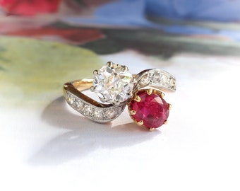 Antique Edwardian French Toi et Moi 1.32ct t.w. Natural Ruby & Old European Cut Diamond Bypass Ring Platinum 18k