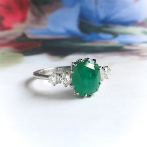 Vintage 1960’s Cushion Cut Emerald and Diamond Cocktail Ring 18K White Gold